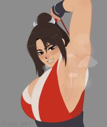 1girls armpits big_breasts blush fatal fatal_fury female female_only fury huge_breasts king_of_fighters light-skinned_female light_skin looking_at_viewer mai_shiranui messy_hair mutty presenting_armpit shaved_armpit solo steamy_armpits sweat sweatdrop sweating sweaty sweaty_armpits sweaty_body wet