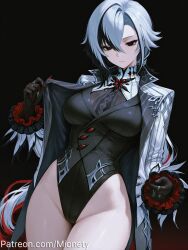 adapted_costume ai_generated alternate_costume arlecchino_(genshin_impact) artist_name black_background black_coat black_eyes black_gloves black_hair black_hands black_leotard breasts closed_mouth coat colored_extremities cowboy_shot expressionless female fur-trimmed_coat fur_trim genshin_impact gloves grey_eyes grey_hair groin hair_between_eyes highleg highleg_leotard jacket jewelry large_breasts leotard long_hair long_sleeves looking_at_viewer low_ponytail mionety multicolored_hair open_clothes open_coat open_jacket patreon_logo patreon_username red_pupils shirt short_hair simple_background solo standing streaked_hair symbol-shaped_pupils thighs twitter_username two-tone_hair very_long_hair white_coat white_hair x-shaped_pupils