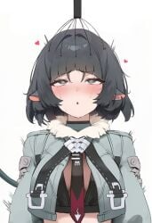 1girls 2026 animal_ears black_hair blue_eyes blush breasts clothed clothing color colored female_only furry hair heart heart-shaped_pupils hi_res hoyoverse jane_doe_(zenless_zone_zero) light-skinned_female light_skin looking_up mihoyo rat_ears rat_girl short_hair shuraillusts simple_background solo sweat sweatdrop tail touching_head white_background zenless_zone_zero