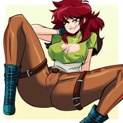 female green_clothing green_eyes mestre_astral mirai_takahashi_(yultarinn) pussy_focus red_hair sexy_body sexy_pose smile steampunk thicc white_skin yultarinn
