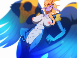 2017 5_fingers anthro armor big_breasts blue_scales breasts chest_tuft claws countershading dragon eyelashes feathered_wings feathers female front_view hair hi_res horn masturbation navel nipples pauldron portrait pussy pussy_juice saffira_queen_of_dragons scales scalie simple_background solo spookiarts standing three-quarter_portrait tuft unconvincing_armor vaginal_masturbation vaginal_penetration wings yu-gi-oh!