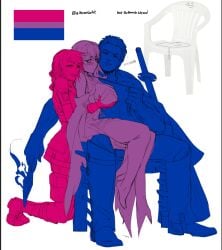 1boy 2girls bisexual bisexual_female bisexual_pride_colors blush crossover devil_may_cry eclair_farron final_fantasy final_fantasy_xiii grabbing_another's_breast grabbing_breasts groping_from_behind licking_lips pheromoan_(vtuber) sitting_on_lap stormrider vergil_(devil_may_cry) yuri yuri_with_male_audience