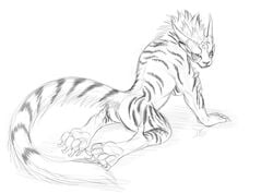 2013 ass charr claws fangs feline female flat_chested fur guild_wars horn jackrow kneeling looking_at_viewer looking_back mammal monochrome nude paws presenting presenting_hindquarters pussy sketch solo striped_fur stripes toe_claws video_games