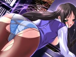 2000s_(style) bent_over black_hair black_pantyhose blue_skirt blue_vest blush breasts clothes_lift cowboy_shot female from_behind game_cg green_eyes half-closed_eye indoors kawahara_emi long_hair long_sidelocks looking_back m&m_(mickey_and_mackey) medium_breasts night nipples open_clothes open_mouth open_shirt open_vest panties panties_under_pantyhose pantyhose pencil_skirt photocopier poster_(object) raised_inner_eyebrows saishu_chikan_densha_(series) saishuu_chikan_densha shirt sidelocks skirt skirt_lift solo standing sweat third-party_source torn_clothes torn_pantyhose underwear variant_set vest white_panties white_shirt