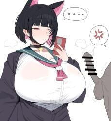 ... 1boy 1girls absurdres anger_vein animal_ears big_breasts black_choker black_hair black_shirt blue_archive breasts cat_ears cat_girl cellphone choker citizen_k citizen_k_(pngj5475) closed_mouth collarbone colored_inner_hair curvy ear_piercing erection female highres holding holding_phone huge_breasts kazusa_(blue_archive) long_sleeves looking_at_penis medium_hair multicolored_hair paid_reward_available penis phone piercing pink_eyes pink_hair shirt simple_background smartphone solo_focus spoken_anger_vein spoken_ellipsis sweat white_background white_shirt
