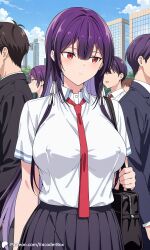 1girls ai_generated breasts city covered_nipples crowd encoder female haitekudasai_takamine-san large_breasts long_hair no_panties no_underwear outdoors public school_uniform skirt street takamine_takane tie uncensored walking white_shirt