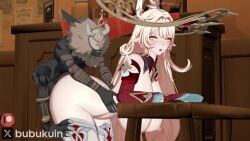 1boy 1girls 3d 720p alice_(genshin_impact) animated anthro ass blonde_hair blush breasts bubukuin dark-skinned_male desk duo female genshin_impact gloves hilichurls_(species) hoyoverse huge_breasts long_hair loop male mihoyo open_mouth pointy_ears sex_from_behind shorter_than_10_seconds size_difference sound tagme video
