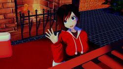 1girls 3d black_hair black_hair_female christmas christmas_stocking christmas_tree clothed_female fire_place nakadashi_(artist) red_highlights ruby_rose rwby silver_eyes solo_female waving