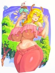 1girls blonde_hair blue_hair blush breasts closed_eyes curvy denim female food gradient_hair green_eyes holding holding_ice_cream_cone horns huge_breasts ice_cream ice_cream_cone ice_cream_cone_spill jeans kobayashi-san_chi_no_maidragon lucoa_(maidragon) multicolored_hair open_mouth pankekes pants quetzalcoatl_(dragon_maid) shiny_skin sweatdrop thick_thighs thighs tree underboob wide_hips