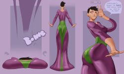 1female 1girls 1woman 2020s 2024 back_turned black_text brown_eyes brown_hair dc dc_comics deerdune09 digital_drawing_(artwork) digital_media_(artwork) elastic_arms elastic_body elastic_legs english_commentary english_description english_dialogue female female_focus female_only hand_gesture hi_res high_resolution highres human human_only lois_lane_(my_adventures_with_superman) looking_back my_adventures_with_superman not_furry not_furry_focus onomatopoeia page_4 purple_background purple_clothing purple_suit rubber_clothing short_hair simple_background speech_bubble suit superhero_costume superheroine tan-skinned_female tan_skin wink