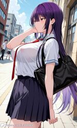 1girls ai_generated breasts city covered_nipples crowd encoder female haitekudasai_takamine-san large_breasts long_hair no_panties no_underwear outdoors public school_uniform side_view sideboob skirt street takamine_takane tie uncensored walking white_shirt