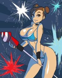 1girls asian bare_shoulders big_breasts bikini bikini_bottom bikini_top bracelet brown_eyes brown_hair busty capcom choker chun-li cleavage curvy detailed_background double_bun female female_only fireworks front_view hair_bun hairbun holding_object hourglass_figure human looking_at_viewer manic47 midriff new_year new_years_eve night outdoor outside pose posing shiny shiny_skin short_hair skimpy solo standing street_fighter swimsuit tied_hair underboob video_game video_games voluptuous water wide_hips