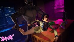 1monster bigby_wolf black_hair clothed fables_series female half_naked holding_leg holding_neck jinx3dnsfw office_desk pale_skin pleasure_face render rough_sex snow_white_(the_wolf_among_us) source_filmmaker werewolf