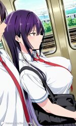 1girls ai_generated breasts covered_nipples crowd encoder female haitekudasai_takamine-san large_breasts long_hair no_panties no_underwear outdoors public school_uniform skirt subway takamine_takane tie train uncensored white_shirt