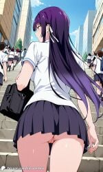 1girls ai_generated ass breasts city crowd encoder female haitekudasai_takamine-san large_breasts long_hair no_panties no_underwear outdoors public school_uniform skirt street takamine_takane tie uncensored vagina walking white_shirt