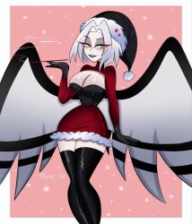 angel artist_request christmas cleavage hazbin_hotel hellaverse lute_(hazbin_hotel) santa_hat smoking source_request stockings thighhighs white white_hair wings yellow_eyes