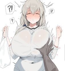 1boy 1girls ? absurdres alternate_breast_size_(larger) bag blush breast_grab breasts citizen_k citizen_k_(pngj5475) closed_eyes curvy disembodied_hand flustered grabbing_another's_breast grey_hair groping hair_between_eyes heart highres holding holding_bag huge_breasts large_breasts long_hair long_sleeves navel paid_reward_available parted_lips plastic_bag plump shirt smile solo_focus spoken_question_mark sweat uzaki-chan_wa_asobitai! uzaki_tsuki white_background white_shirt