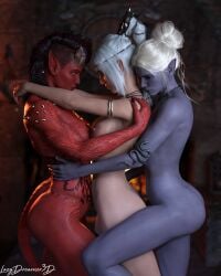 3d 3girls 4:5 arm_jewelry artist_name baldur's_gate baldur's_gate_3 drow dungeons_and_dragons elf female female_only forgotten_realms grey_skin hair_up half_elf karlach lazydreamer3d minthara necklace nipple_piercing nipples pale_skin pierced_nipples piercing pointy_ears red_skin sandwiched shadowheart sideboob standing tail tattoo tiefling white_hair yuri