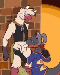 2d_animation animated anthro avian balls bird bottomless bottomless_anthro bottomless_male chimera clothed clothing columbid countershading duo erection fellatio frame_by_frame genitals grey_body hi_res hopful_anomenoe kobold loop male male/male nopetrol_(character) oral orange_background penile penis pigeon public public_sex rheez_aya robe scalie sex shirt shirt_only simple_background tail topwear topwear_only wall_(structure) white_body