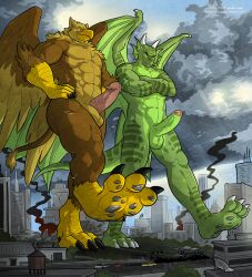 5_fingers abs anthro avian balls beak biceps brown_body brown_fur building building_destruction carpo city claws destruction dragon duo erection feathered_wings feathers feet fingers fur genitals gryphon house humanoid_genitalia humanoid_penis macro male muscular muscular_anthro muscular_male mythological_avian mythological_creature mythological_scalie mythology nude outside pecs penile penis rampage scalie sky smile stomping tail teren toes vein veiny_penis wfa wings