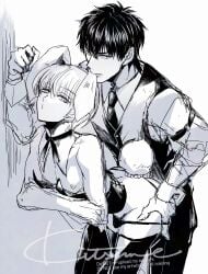 2boys against_wall bent_over bunny_ears bunny_tail bunnysuit corset crossdressing femboy gay gintama hijikata_toshiro implied_anal implied_sex kitsune_0510 looking_at_viewer male male_only male_playboy_bunny monochrome nipples no_visible_genitalia okita_sougo sketch thighhighs thong thong_pull twink wardrobe_malfunction yaoi