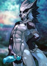 anthro balls canine erection knot looking_at_viewer male male_only mammal muscular nude okithau precum smile solo