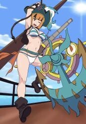 bikini boots breasts dhelmise gardenia_(pokemon) gun kneevirus ocean pirate pirate_ship pokemon pokemon_dppt ripped_clothing rope self_upload