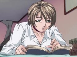 00s 1girls 2002 animated bedroom bible_black bible_black_gaiden book breasts brown_hair collar female green_eyes miniskirt open_shirt pantyhose reading shido_saki shirt short_hair skirt tagme white_shirt