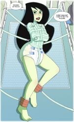 1girls bondage bound bound_ankles bound_arms bound_to_bed diaper dr._drakken english_text female female_focus female_only femsub green_eyes kim_possible open_mouth pieceofsoap png shego stationary_restraints straitjacket text