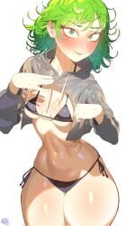 1girls bikini black_bikini blush breasts crop_top cropped_hoodie curly_hair curvy female green_eyes green_hair highres hood hoodie lips long_sleeves looking_at_viewer narrow_waist navel oerba_yun_fang one-punch_man pankekes shiny_skin short_hair side-tie_bikini_bottom simple_background small_breasts smile solo stomach sweat swimsuit tatsumaki thick_thighs thighs thong thong_bikini white_background wide_hips