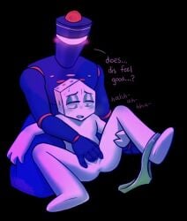 battat_(deltarune) blush cowboy_mike_(deltarune) cuntboy deltarune drooling finger_fuck fingering fingering_partner front_view grabbing_thighs intersex jongler_(deltarune) legs_spread nonbinary nude nwolc-ydneb panties_around_one_leg panties_down pippins_(deltarune) pussy small_mike_(deltarune) smaller_male text_bubble trans_man transmasc zapper_(deltarune)