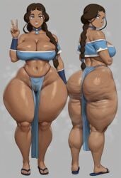 1girls aged_up ai_generated alternate_breast_size ass avatar_the_last_airbender big_ass big_breasts breasts cellulite dark-skinned_female fat fat_ass fat_female female female_only katara loincloth milf oiled peace_sign simple_background solo standing taiga20 thick_thighs
