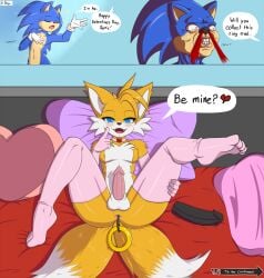 2020 anthro bed bedroom_eyes blood blue_body blue_eyes blue_fur blush bodily_fluids buttplug canid canine clothing colored cute_fangs dialogue dildo disguise duo english_text enokitake eulipotyphlan fangs femboy footwear fox fur furniture gloves handwear heart_eyes heart_symbol hedgehog hi_res knee_highs knee_socks legwear male mammal narrowed_eyes nosebleed on_bed pink_clothing pink_gloves pink_handwear pink_knee_socks plug_(sex_toy) seductive sega sex_toy socks sonic_(series) sonic_the_hedgehog sonic_the_hedgehog_(series) speech_bubble spread_legs spreading tails tails_the_fox teeth text white_clothing white_gloves white_handwear yellow_body yellow_fur