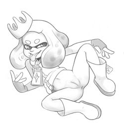 anus beauty_mark boots cephalopod crown dogyd dress female fingerless_gloves footwear gloves humanoid inkling marine mask monochrome nintendo pearl_(splatoon) presenting pussy short_hair solo splatoon squid tentacle tentacle_hair tongue tongue_out