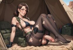 1futa ai_generated ass asymmetrical_gloves belt_pouch black_bikini black_gloves black_pantyhose brown_hair curvy curvy_body curvy_figure cute_face dickgirl feet front-tie_bikini full_body futanari green_eyes harness highleg_thong huge_testicles kexonik kojima_productions large_penis legs_together legs_up long_nipples metal_gear metal_gear_solid metal_gear_solid_v mismatched_gloves narrow_waist narrowed_eyes on_back panties_under_pantyhose pleasure ponytail puffy_nipples quiet_(metal_gear) sagging_breasts single_elbow_glove skindentation smirk soles solo thigh_holster thigh_strap toes torn_pantyhose uneven_gloves utility_belt wide_hips