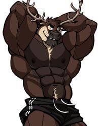 anthro antlers armpits balls bara barazoku bulge darknaigart deer flaccid furry hands_behind_head jett_(darknaig) male male_only muscles muscular penis shirtless shorts solo solo_male