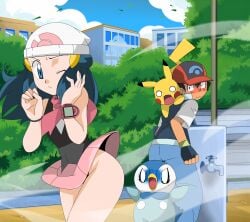 blue_hair dawn_(pokemon) embarassed flashing flashing_pussy hainchu pantyless pikachu piplup pokemon satoshi_(pokemon) shocked surprise surprised surprised_expression surprised_face wind wind_lift