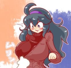 big_breasts black_hair black_nails blush blushing breasts breasts_bigger_than_head breasts_larger_than_head clothed clothes_pull dress dress_pull dual_colored_background female head_band hex_maniac large_breasts layered_clothing long_hair looking_at_another messy_hair nikusitori pokemon pokemon_trainer purple_eyes surprised sweater swirly_eyes turtleneck