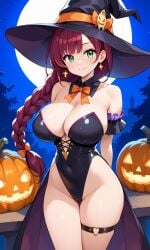 1girls aged_up ai_generated alternate_body_type alternate_breast_size big_breasts breasts chloe_(pokemon) cleavage collarbone female female_focus female_only game_freak green_eyes halloween halloween_costume huge_breasts human large_breasts light-skinned_female light_skin nintendo pokemon pokemon_journeys purple_hair revealing_clothes ryuzam sideboob skimpy skimpy_clothes smile solo upper_body witch witch_costume witch_hat