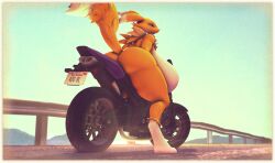 3d_(artwork) anthro ass bandai_namco big_breasts big_butt blue_eyes breasts digimon digimon_(species) digital_media_(artwork) female hi_res huge_breasts huge_butt hyper hyper_breasts looking_back motorcycle not_person420 renamon riding_motorcycle solo tail vehicle