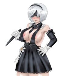 1girls big_ass big_breasts big_butt big_nipples big_thighs black_dress blindfold dress embarrassed embarrassed_female embarrassed_nude_female female female_focus female_only gloves hand_on_hip light-skinned_female light_skin minidress necktie nier nier:_automata nier_(series) nipples pink_nipples short_hair ultyde white_background white_body white_gloves white_hair white_skin yorha_2b