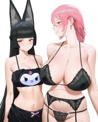 2girls aroused aroused_face belly_button big_breasts bigger_female bikini black_hair blush bob_cut earrings embarrassed embarrassed_female furry_ears hoshimi_miyabi hoyoverse huge_breasts light-skinned_female light_skin lingerie lingerie_only looking_at_another looking_away mihoyo mother_daughter_boob_envy_(meme) pink_hair ponytail slim_waist small_breasts smaller_female teenager thick tied_hair top tsukishiro_yanagi wide_hips wonbin_lee zenless_zone_zero