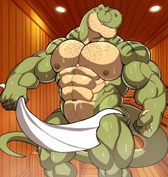 anthro bara barazoku darknaigart dinosaur jace_(darknaig) male male_only muscles muscular nude sauna scalie solo solo_male steam sweat sweating towel tyrannosaurid tyrannosaurus tyrannosaurus_rex