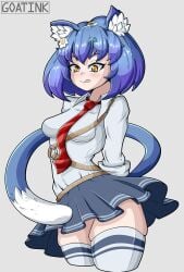 bandaid_on_nose belt blue_hair bob_cut breasts button_down_shirt cat_ears cat_girl cat_tail catgirl goatink hair hair_ornament maeve_(paladins) necktie overflowing_thighs paladins paladins_champions_of_the_realm red_necktie red_tie school_uniform schoolgirl schoolyard_maeve shirt_collar short_skirt skirt thick_thighs thigh_highs thighhighs thighs tie tongue tongue_out yellow_eyes