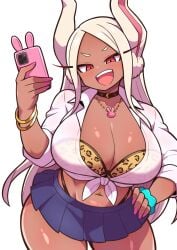 animal_ears animal_print big_breasts black_choker blue_skirt blush boku_no_hero_academia bra bracelet breasts cellphone choker collared_shirt commentary_request eyelashes gold_bracelet gyaru hand_on_own_hip highres jewelry large_breasts leopard_print leopard_print_bra long_eyelashes long_hair looking_at_viewer mirko miruko multiple_bracelets my_hero_academia navel navel_piercing open_mouth phone piercing pink_nails pleated_skirt print_bra rabbit_ear_smartphone_case rabbit_ears rabbit_necklace red_eyes rumi_usagiyama shirt sig1k skirt smartphone smartphone_case tan thick_thighs thighs thong tied_shirt underwear usagiyama_rumi very_long_hair white_hair white_shirt