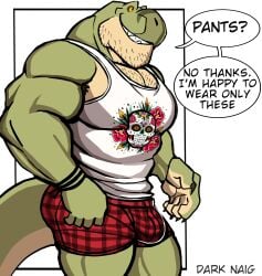 anthro balls bara barazoku bulge darknaigart dinosaur flaccid jace_(darknaig) male male_only muscles muscular pantsless penis scalie solo solo_male speech_bubble tank_top tyrannosaurid tyrannosaurus tyrannosaurus_rex underwear