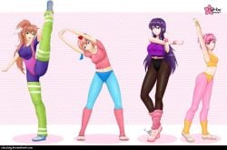 4girls aerobics aerobics_clothing clouddg doki_doki_literature_club fully_clothed fully_clothed_female group gym_clothes monika_(doki_doki_literature_club) natsuki_(doki_doki_literature_club) sayori_(doki_doki_literature_club) stretching yuri_(doki_doki_literature_club)