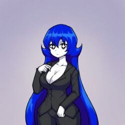 1girls ai_generated black_eyes black_pants black_suit blue_hair bongbong cleavage collarbone emotionless expressionless god_help_us large_breasts lobotomy_corporation long_hair looking_at_viewer osmondai project_moon simple_background simple_shading solo stable_diffusion star-shaped_pupils suit symbol-shaped_pupils white_skin wide_hips