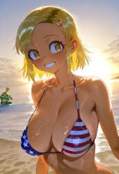 ai_generated american_flag_bikini angol_mois athletic_female beach big_breasts bikini blonde_hair doram huge_breasts keroro_gunsou looking_at_viewer massive_breasts short_hair smiling solo_female squatting sweat sweatdrop tan-skinned_female tan_body tanned_female tanned_skin voluptuous voluptuous_female yellow_eyes