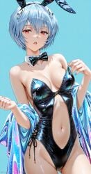 1girls ai_generated alternate_costume belly_button blue_hair bowtie bunny_ears bunny_girl bunnysuit exposed_belly glossy glossy_lips neon_genesis_evangelion painted_nails rei_ayanami shiny_clothes shiny_hair shiny_skin shoppy